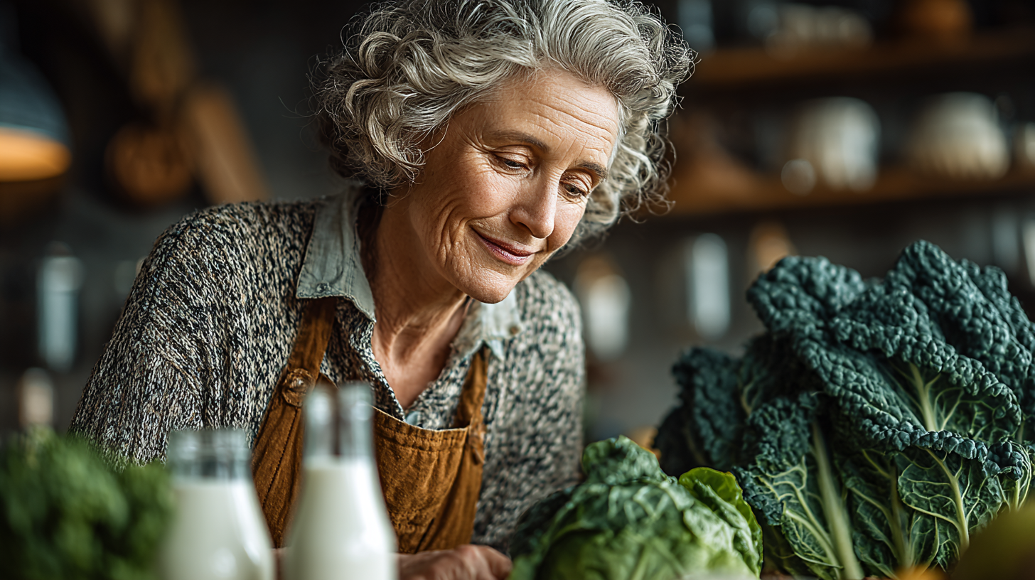 Senior fericit gătind într-o bucătărie modernă cu ingrediente naturale