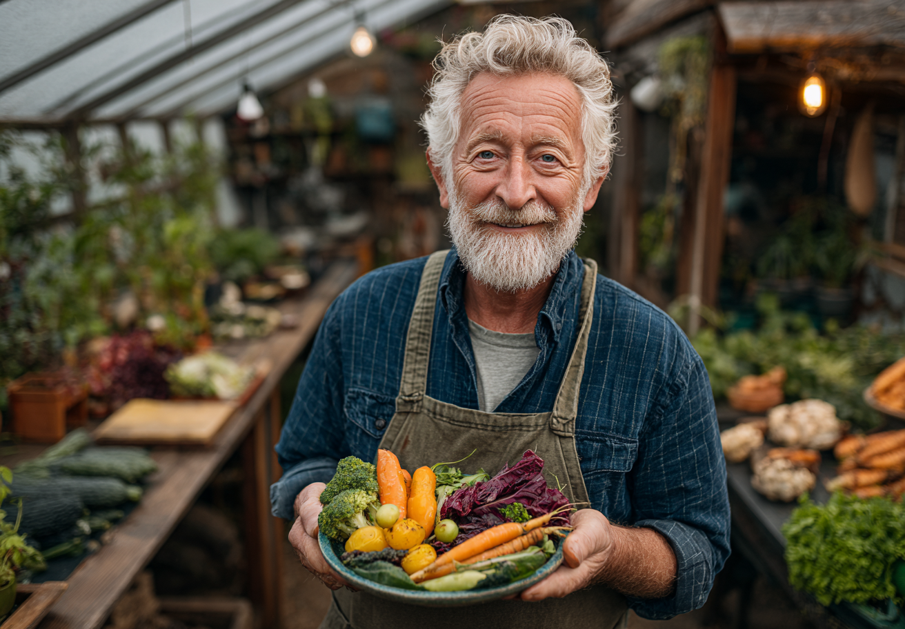 Cuplu de seniori bucurându-se de o masă sănătoasă și colorată în grădină